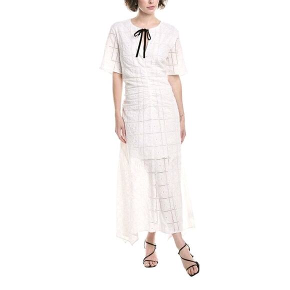 Ganni Women's Broderie Anglaise Cotton Midi-Dress Eyelet Velvet Tie Size 8 - Picture 1 of 14